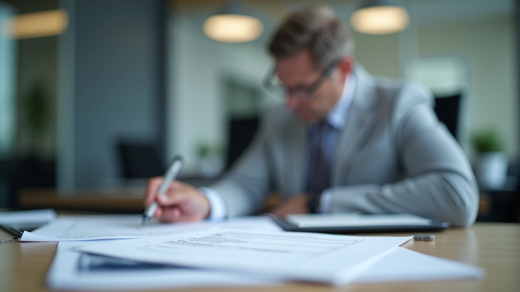 Professional accountant reviewing tax documents at organized desk with laptop and calculator