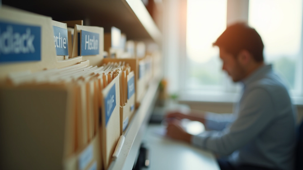 Organized filing system with labeled folders and digital record management on computer