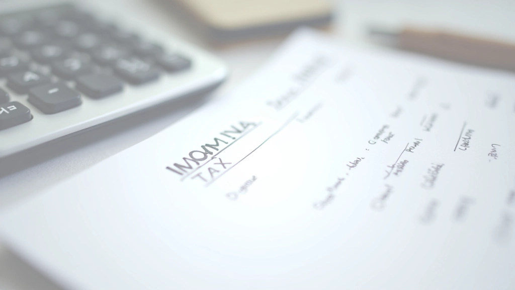 Individual income tax form with calculations and pen on desk surface