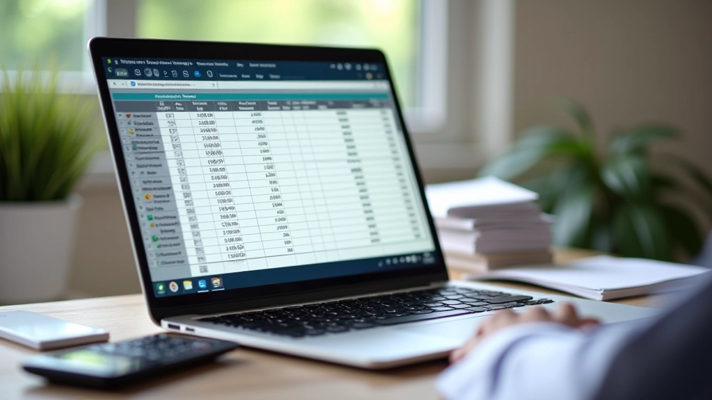 Spreadsheet showing categorized business expenses with calculator and receipt stack