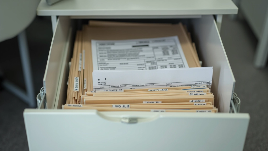 Organized filing system with labeled folders containing tax documents and financial records