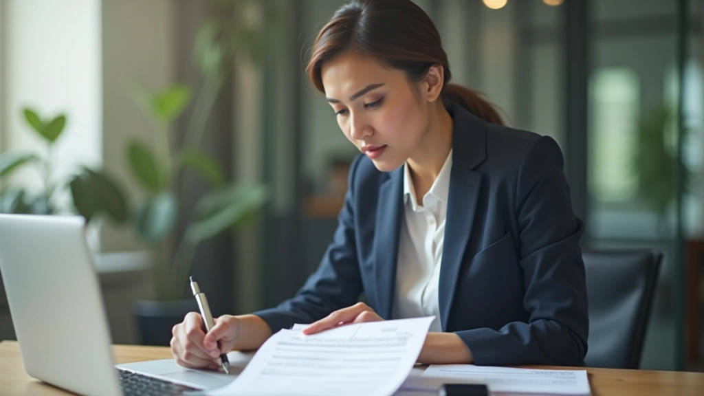 Business owner reviewing company financial records and tax compliance documents